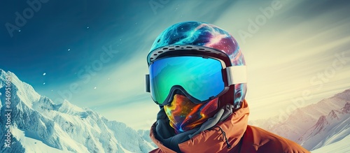 Male snowboarder in white helmet, ski suit, and mirrored glasses holds snowboard, prepares for descent on mountain slope. with copy space image. Place for adding text or design photo