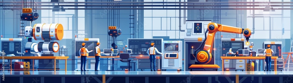 Modern industrial factory with robots and workers, showcasing advanced manufacturing technologies and automation processes in a high-tech environment. Modern industrial factory with robots and workers, showcasing advanced manufacturing technologies and automation processes in a high-tech environment.