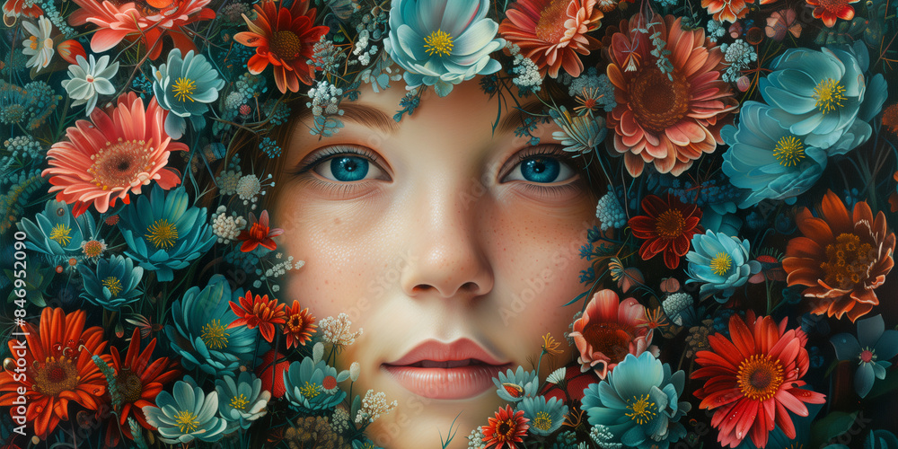 Human mind with flowers, positive thinking, creative brain, self care and mental health concept, woman with spring blossoms Human mind with flowers, positive thinking, creative brain, self care and mental health concept, woman with spring blossoms