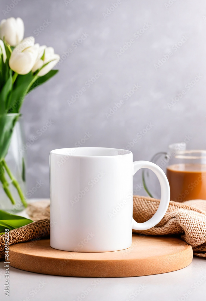 White blank coffee mug mockup with spring background, perfect for branding and product photography White blank coffee mug mockup with spring background, perfect for branding and product photography
