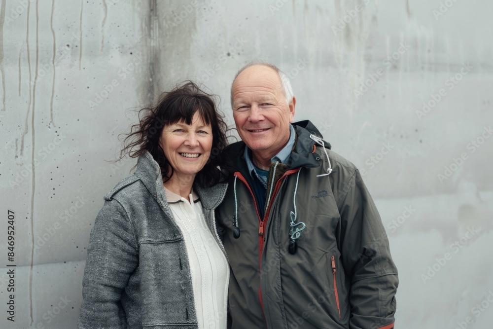 Portrait of a cheerful caucasian couple in their 50s wearing a functional windbreaker over bare concrete or plaster wall Portrait of a cheerful caucasian couple in their 50s wearing a functional windbreaker over bare concrete or plaster wall