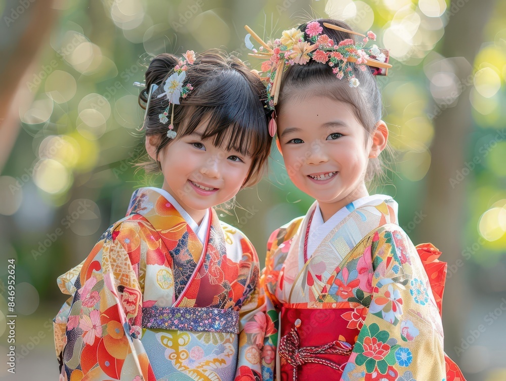 Children dressed in traditional kimonos, celebrating Coming of Age Day with smiles and laughter in a serene park setting. Children dressed in traditional kimonos, celebrating Coming of Age Day with smiles and laughter in a serene park setting.