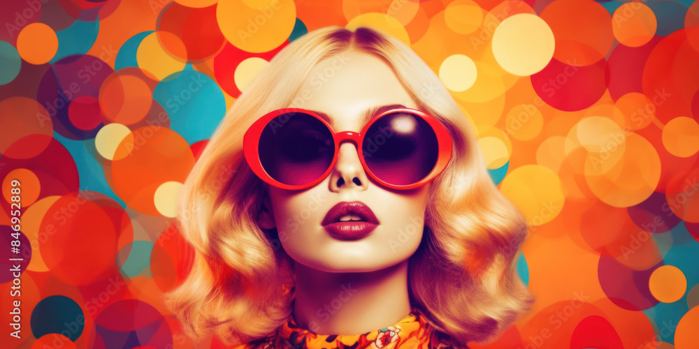 Glamorous woman in vibrant background with large sunglasses. Glamorous woman in vibrant background with large sunglasses.