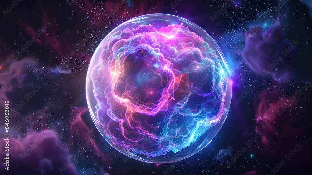 3D Spectacular cosmic cloud explosion within transparent sphere with black background. Nebula and stars in space concept with purple neon. Abstract wallpaper and creative design, AI Generative. 3D Spectacular cosmic cloud explosion within transparent sphere with black background. Nebula and stars in space concept with purple neon. Abstract wallpaper and creative design, AI Generative.