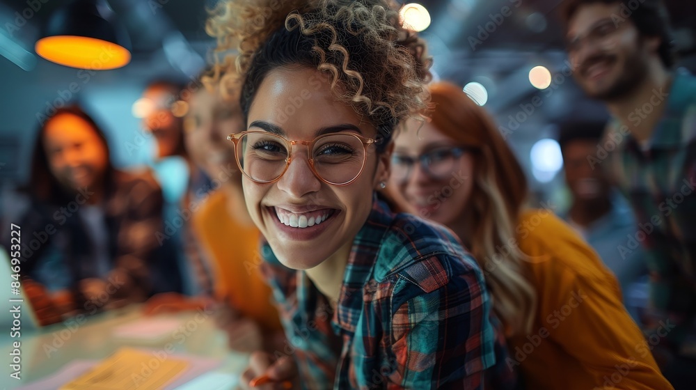 Smiling woman with curly hair and glasses surrounded by colleagues in a casual office environment, showcasing team collaboration and joy at work. Smiling woman with curly hair and glasses surrounded by colleagues in a casual office environment, showcasing team collaboration and joy at work.