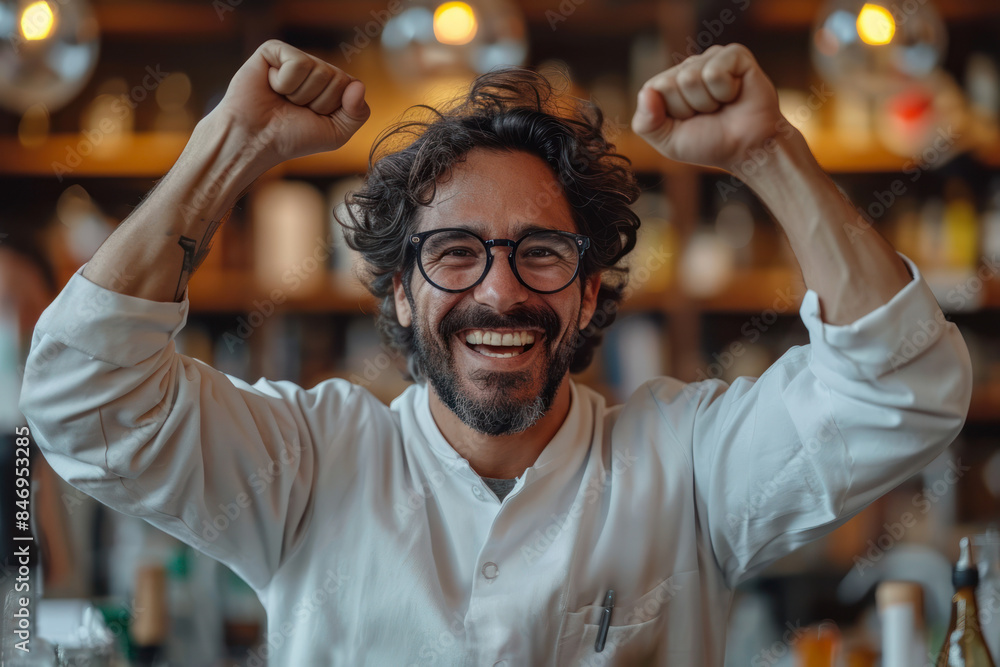 Happy scientist in a lab coat celebrating with raised arms. Happy scientist in a lab coat celebrating with raised arms.