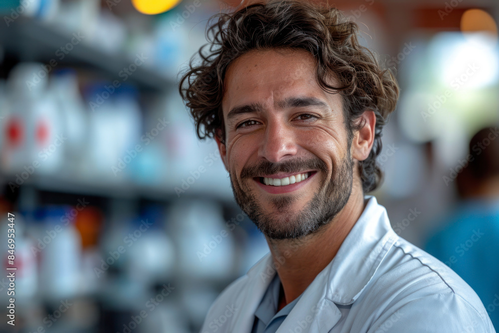 Smiling male scientist in lab coat standing in a laboratory. Smiling male scientist in lab coat standing in a laboratory.