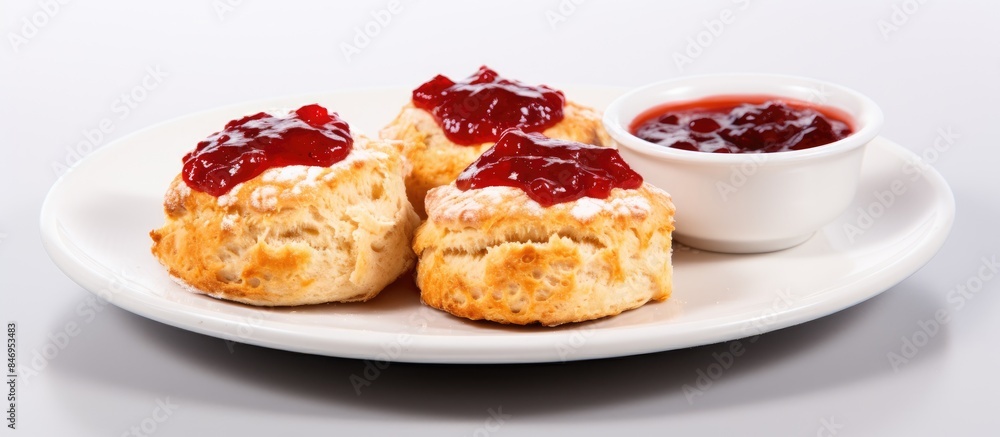 Delicious scones topped with jam served on a plate with a side of ketchup. with copy space image. Place for adding text or design Delicious scones topped with jam served on a plate with a side of ketchup. with copy space image. Place for adding text or design