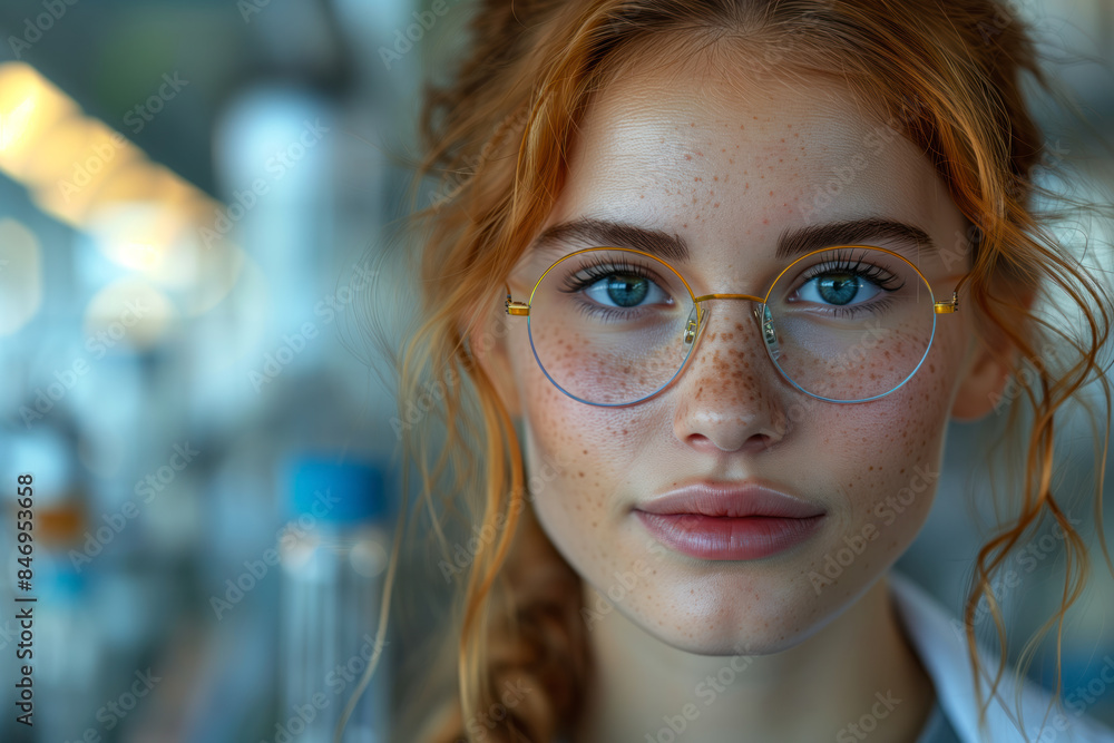 Young female scientist with glasses in a laboratory setting. Young female scientist with glasses in a laboratory setting.