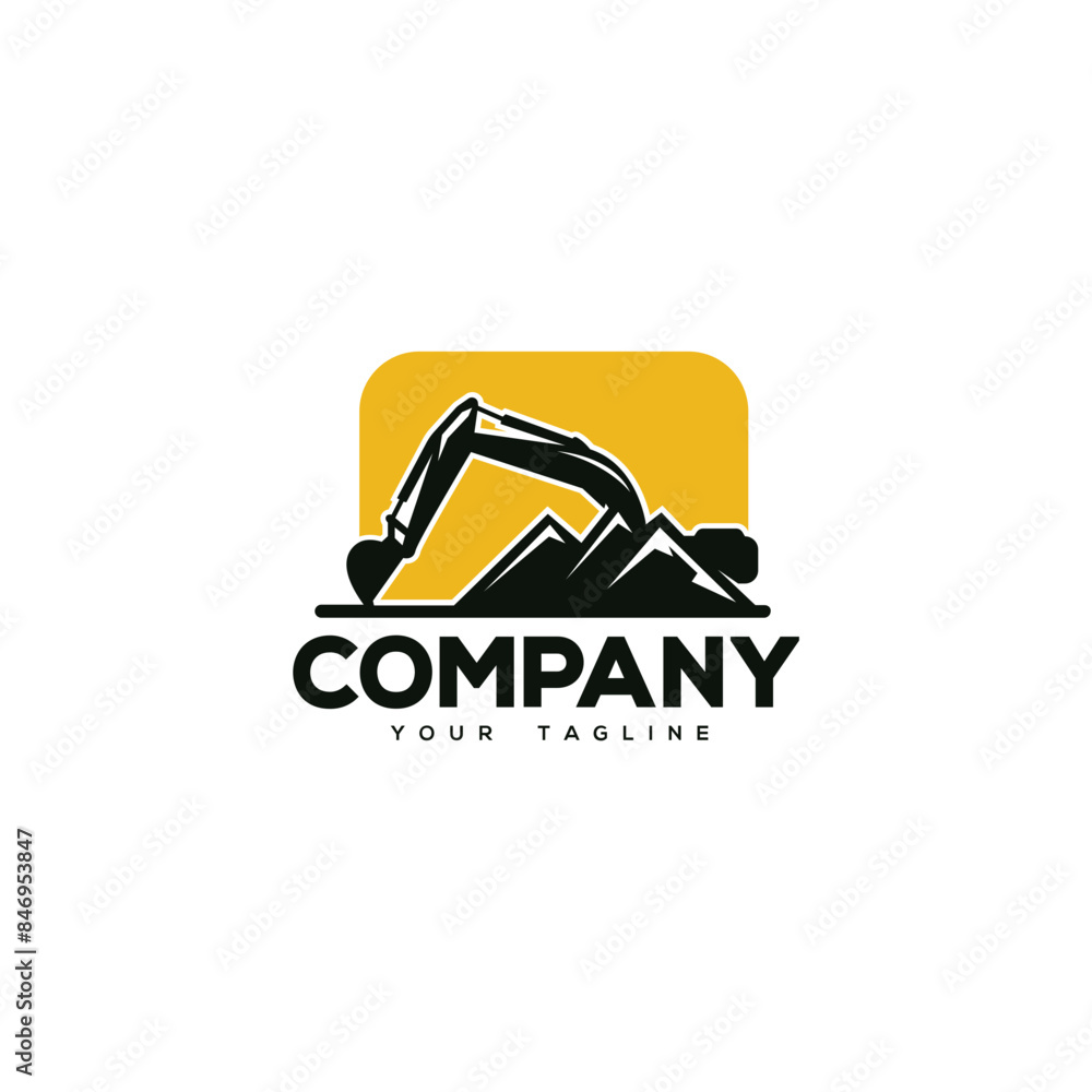 Creative logo design depicting an excavator with a mountain. Creative logo design depicting an excavator with a mountain.