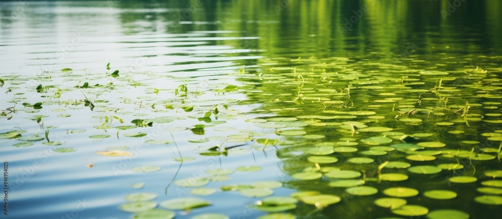 Close-up view of a serene lake surface in summer adorned with lily pads and surrounded by green foliage and algae. with copy space image. Place for adding text or design Close-up view of a serene lake surface in summer adorned with lily pads and surrounded by green foliage and algae. with copy space image. Place for adding text or design