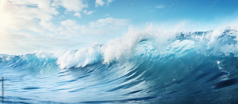 Strong storm waves with crests splashing foam vigorously against the backdrop of the sea and serene blue skies. with copy space image. Place for adding text or design Strong storm waves with crests splashing foam vigorously against the backdrop of the sea and serene blue skies. with copy space image. Place for adding text or design