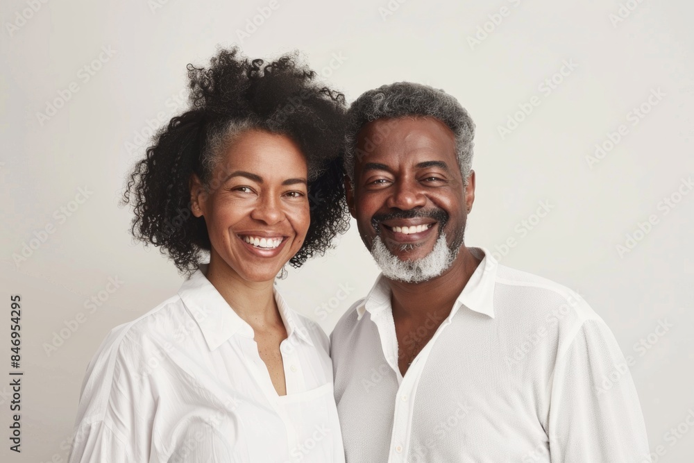 Portrait of a jovial mixed race couple in their 40s wearing a classic white shirt on blank studio backdrop Portrait of a jovial mixed race couple in their 40s wearing a classic white shirt on blank studio backdrop