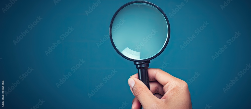 Magnifying glass on blue background held by a hand with a question mark inside. with copy space image. Place for adding text or design Magnifying glass on blue background held by a hand with a question mark inside. with copy space image. Place for adding text or design