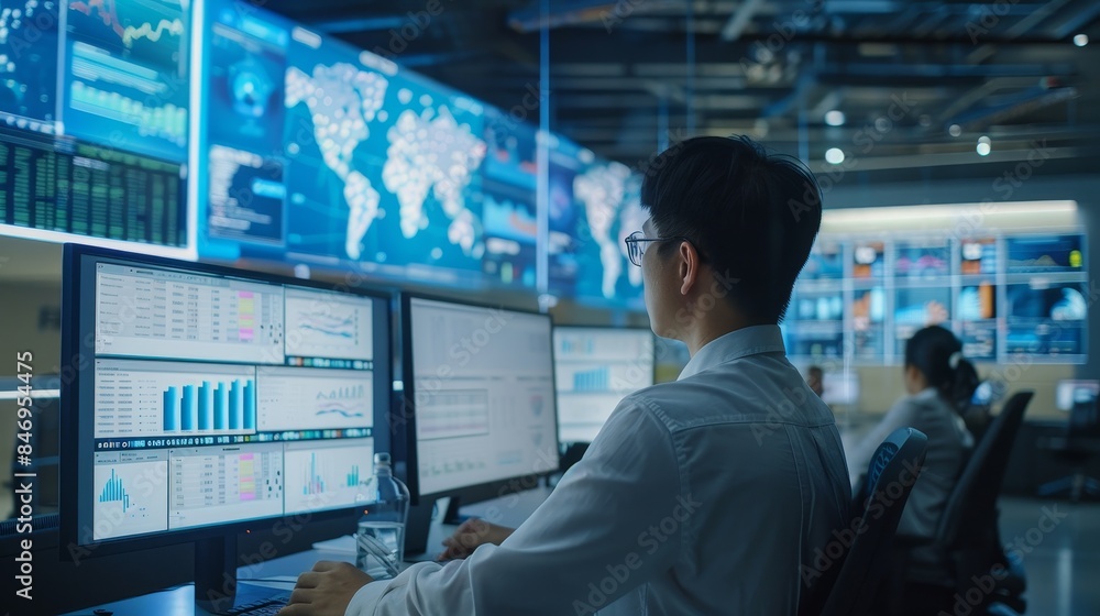 A professional in a control room monitors multiple data screens, analyzing global financial and market trends for strategic decision-making. A professional in a control room monitors multiple data screens, analyzing global financial and market trends for strategic decision-making.