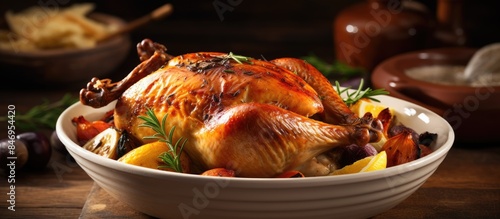 Roasted chicken served in a...