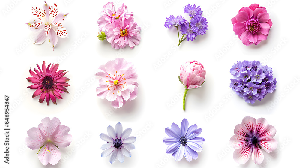Set of different beautiful flowers on white background, top view Set of different beautiful flowers on white background, top view