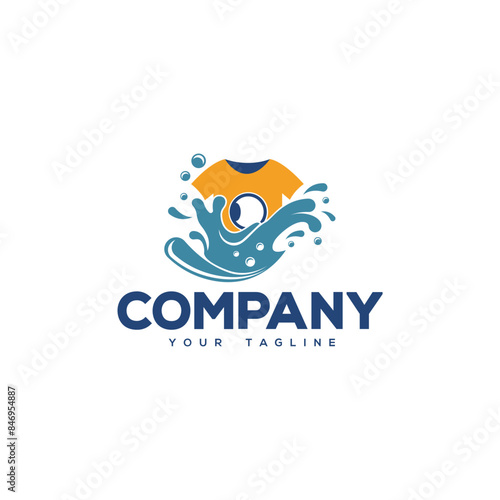 Creative logo design depicting a washer , water waves and a shirt. 