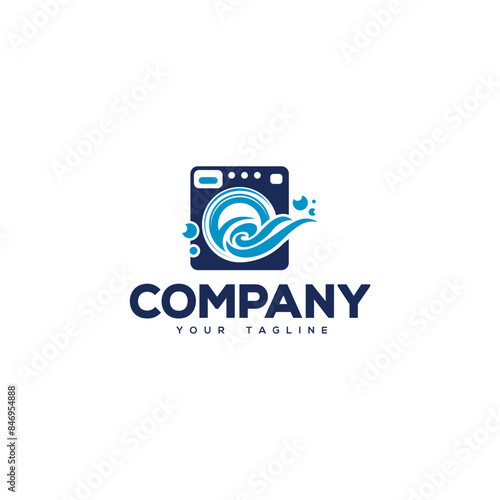 Creative logo design depicting a washer , water waves and a shirt. 