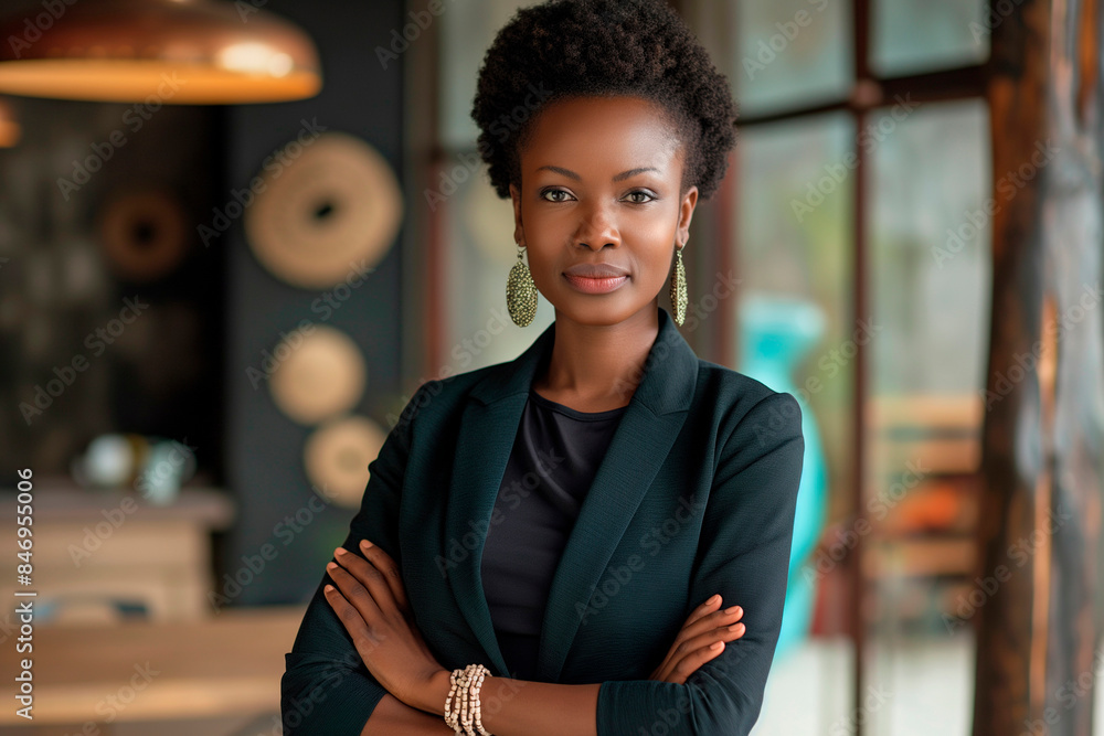 Fototapeta premium Confident african mature businesswoman keeping arms crossed and looking at camera while standing in office