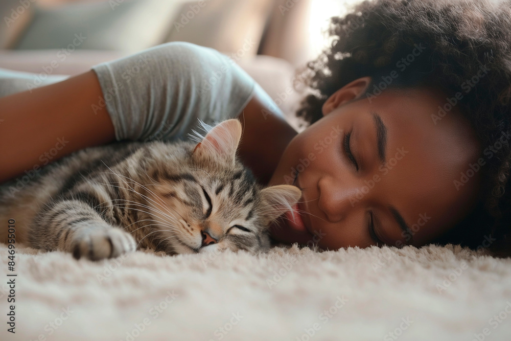 Handsome young african woman looking at his cute cat sleeping while lying on the floor together at home Handsome young african woman looking at his cute cat sleeping while lying on the floor together at home
