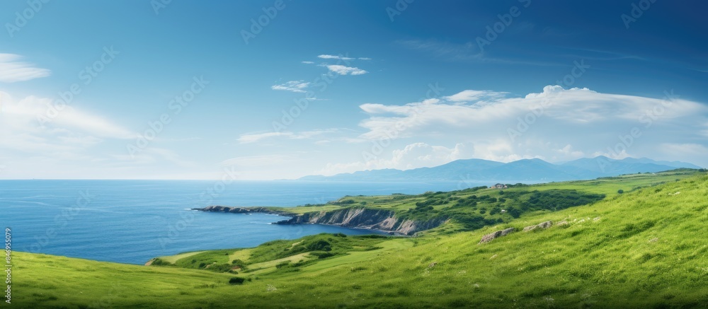 Green grass-covered hills slope down towards a serene blue sea in the distance. with copy space image. Place for adding text or design Green grass-covered hills slope down towards a serene blue sea in the distance. with copy space image. Place for adding text or design