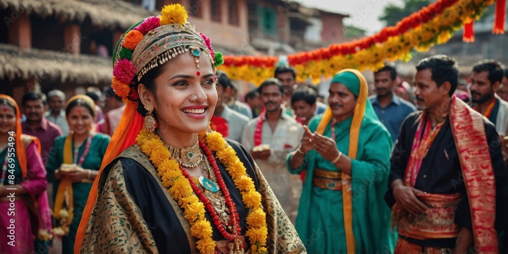 Fototapeta premium An Indian bride smiles during a vibrant traditional wedding ceremony