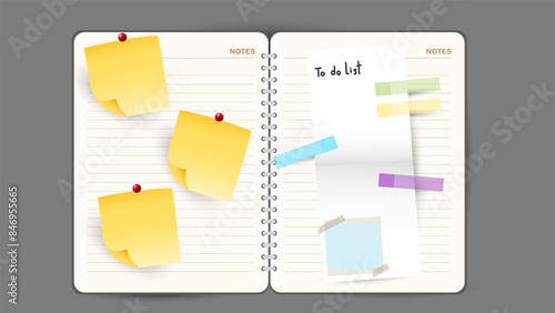 Colorful Sticky Notes and Labels Collection with pin and post it, on gray background, Notepaper meeting reminder, Flat Modern design , illustration Vector EPS 10 
