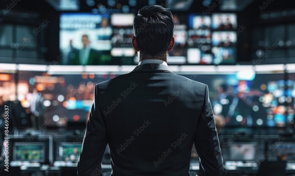 Fototapeta premium A newsmaker is standing in a news studio. A professional newsroom with subtle lighting