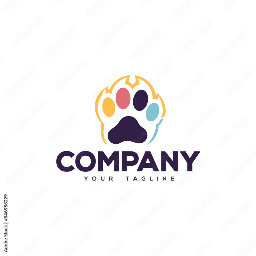 Creative logo design depicting a coloful animal paw print. 