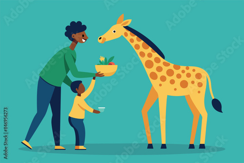 A child standing next to a giraffe. he offers something in a bowl to the giraffe. the theme shows the interaction between man and animal, photo