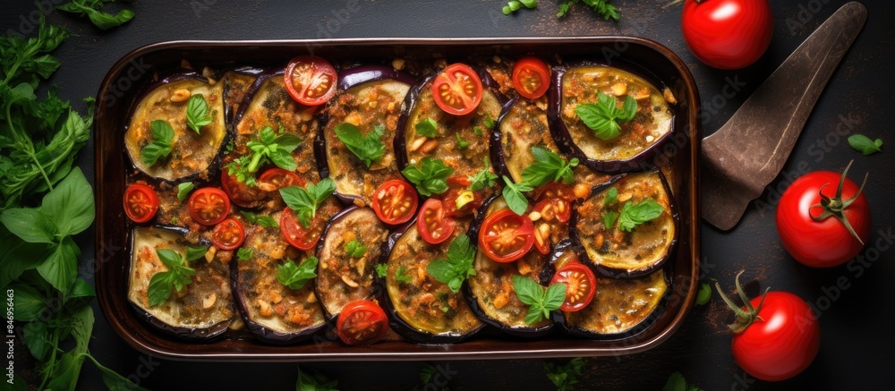Cooked eggplant and fresh tomatoes arranged on a table, ready to be served. with copy space image. Place for adding text or design Cooked eggplant and fresh tomatoes arranged on a table, ready to be served. with copy space image. Place for adding text or design