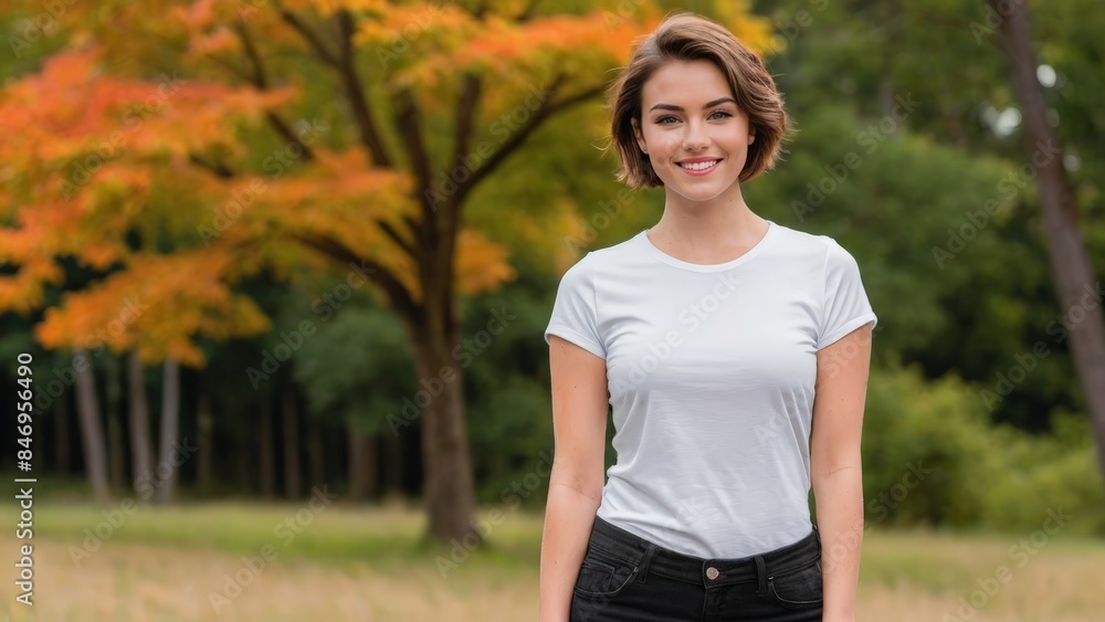 Young woman with short hair wearing white t-shirt and black jeans standing in nature Young woman with short hair wearing white t-shirt and black jeans standing in nature