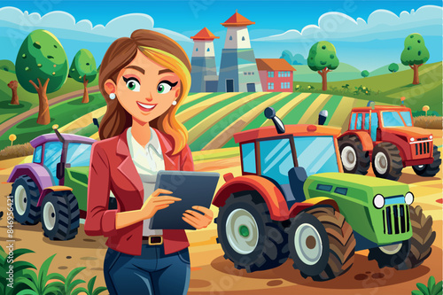 Girl manager standing in a field with tractors in the background. The girl has an open laptop in her hands. The scene has an agrarian character, which may indicate the themes of modern agriculture, 