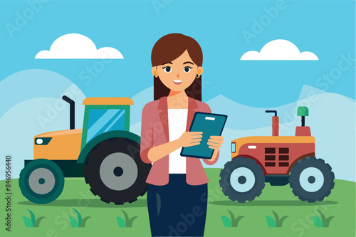 Girl manager standing in a field with tractors in the background. The girl has an open laptop in her hands. The scene has an agrarian character, which may indicate the themes of modern agriculture, 