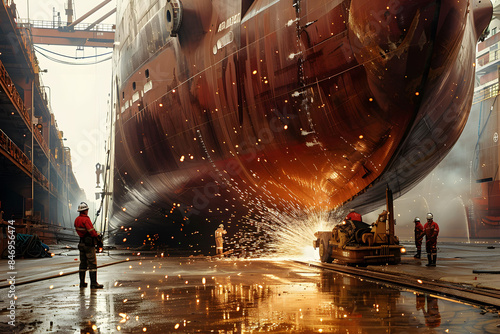 Massive large Ships in Shipyard, cargo, dock, and container.
The Magnificence of water sea ocean transportation, Large Ships in Shipyard Scenes. photo