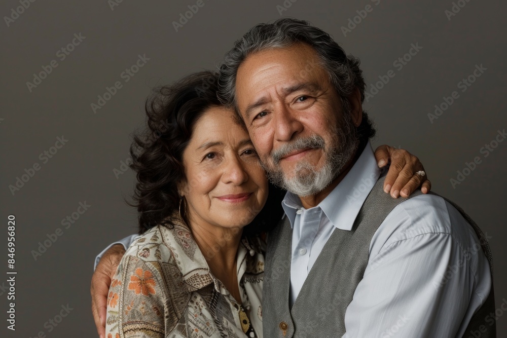 Portrait of a blissful latino couple in their 50s dressed in a polished vest isolated on blank studio backdrop Portrait of a blissful latino couple in their 50s dressed in a polished vest isolated on blank studio backdrop