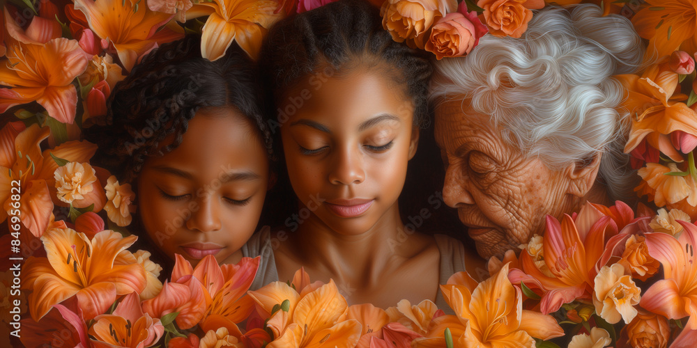 Three generations of a family, child, mother and grandmother, portrait with flowers, connection and emotional support Three generations of a family, child, mother and grandmother, portrait with flowers, connection and emotional support