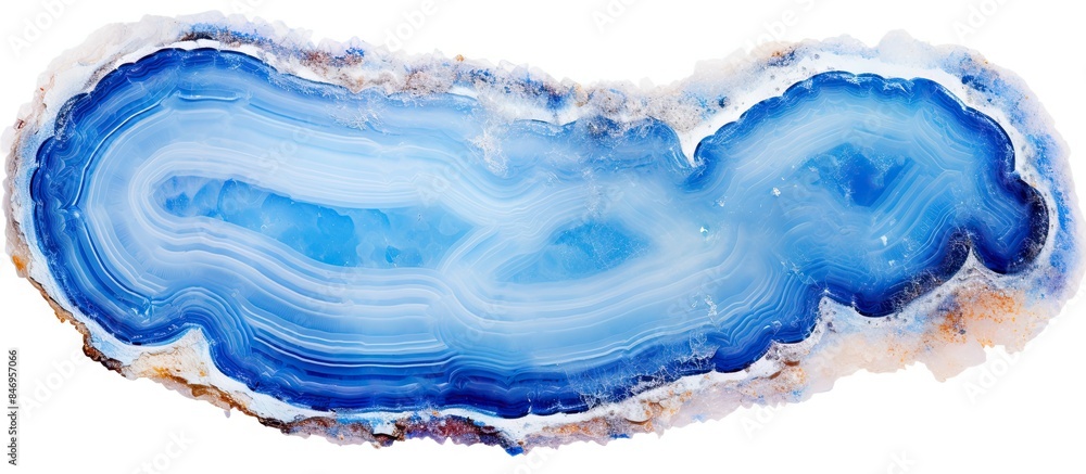 Macro shot of a blue agate stone against a clean white background, suitable for interior decor. with copy space image. Place for adding text or design