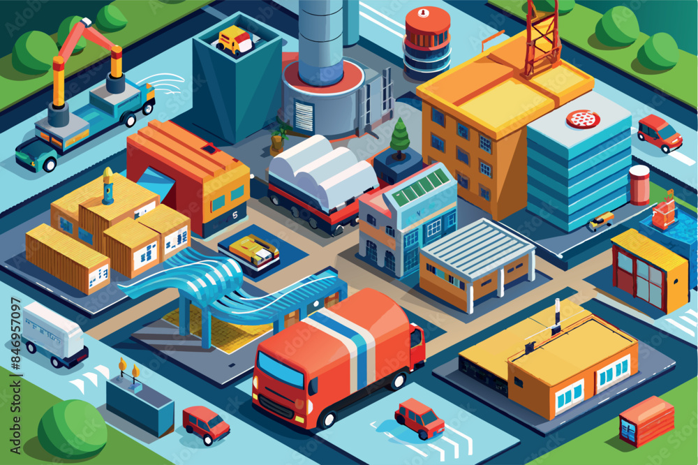 This image is interesting because it represents industrial activity and technology in a simplified graphic form. This image is interesting because it represents industrial activity and technology in a simplified graphic form.