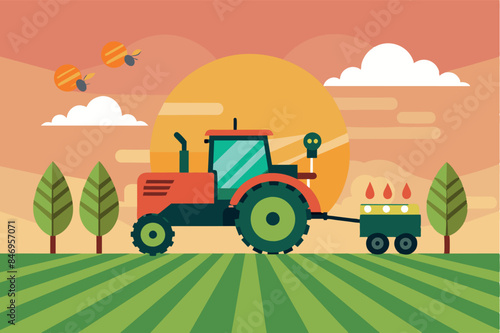 A tractor is plowing or working in a field with rows of crops. The background is in the form of undulating hills and plants can be seen in the foreground,