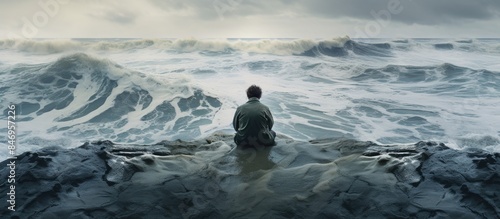 Man relaxes on jagged rock ...