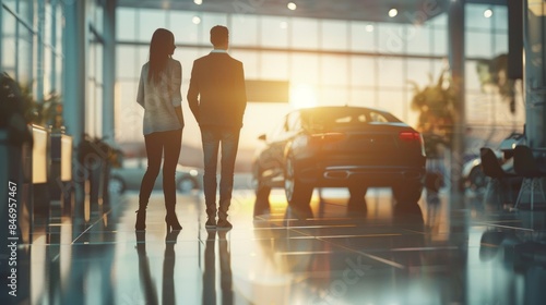 Couple Exploring Car Showroom with Modern Design and Natural Light
