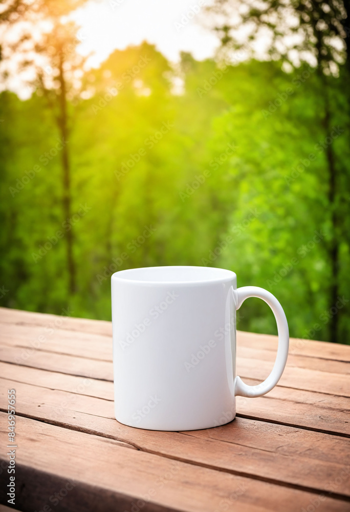 White blank mug mockup on a wooden table with an outdoor background White blank mug mockup on a wooden table with an outdoor background