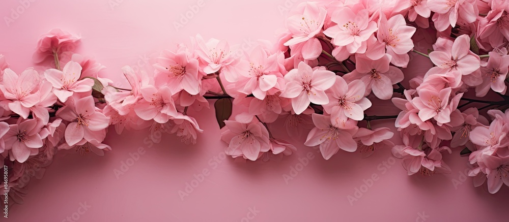 Pink flowers delicately blooming on a branch set against a seamless pink background. with copy space image. Place for adding text or design Pink flowers delicately blooming on a branch set against a seamless pink background. with copy space image. Place for adding text or design