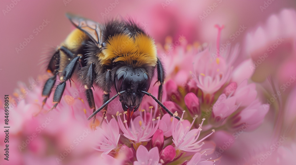 Close-up of a bumblebee feeding on the nectar of pink flowers. Close-up of a bumblebee feeding on the nectar of pink flowers.