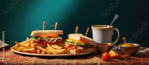 Wallpaper Mural Close-up shot of a plate filled with a mouth-watering club sandwich and crispy french fries. with copy space image. Place for adding text or design Torontodigital.ca