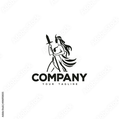 Creative logo design depicting a warrior woman with a sword in his hand. 