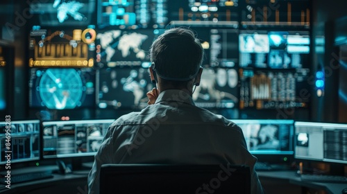 A cybersecurity expert monitoring cloud security systems in a control room filled with screens and advanced technology