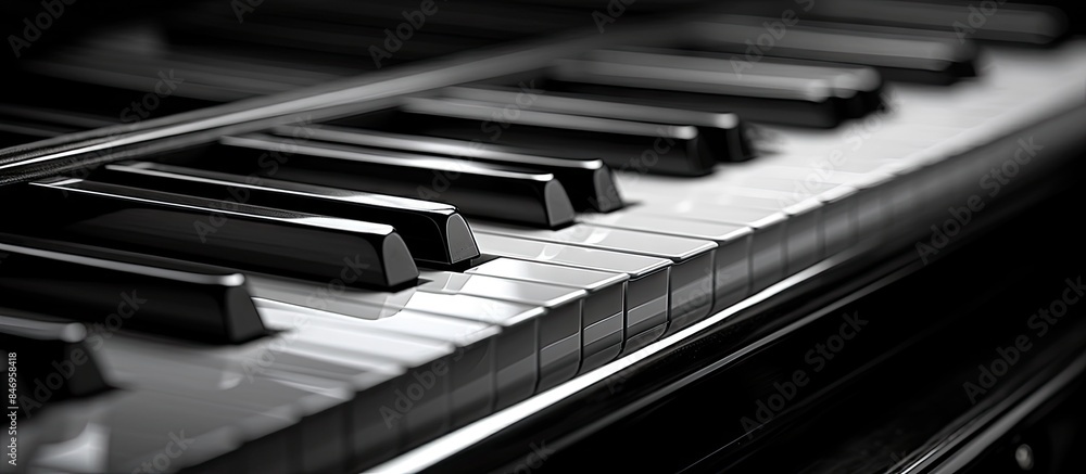 Detailed monochromatic photograph showcasing a close-up view of a piano keyboard in black and white tones. with copy space image. Place for adding text or design Detailed monochromatic photograph showcasing a close-up view of a piano keyboard in black and white tones. with copy space image. Place for adding text or design